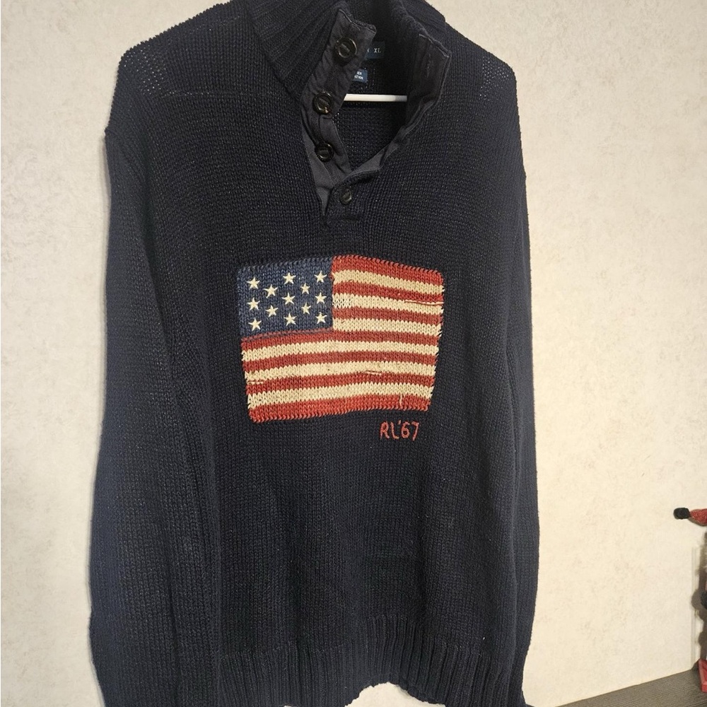 Ralph Lauren Dark Blue Zip Up Sweater with Flag‎